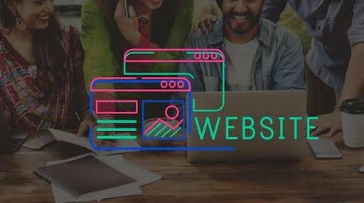 Illustration of website design elements over a blurred background of people working.