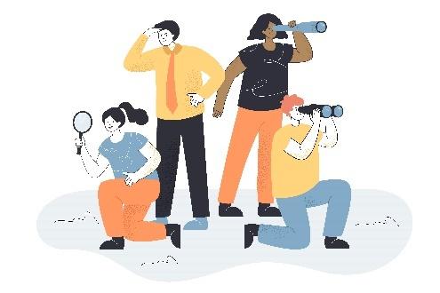 Team of people searching with binoculars