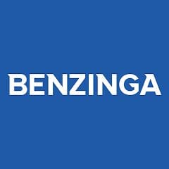 Benzinga logo with white text on blue background.