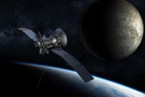 Satellite orbiting Earth with moon backdrop