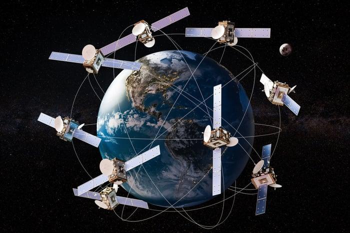 Satellites orbiting Earth connected by network lines