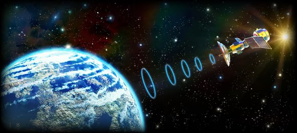 Colorful illustration of Earth and communicating satellite