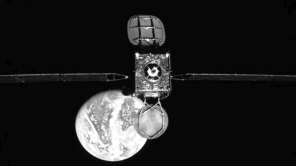 Monochrome cubesat silhouette with Earth backdrop