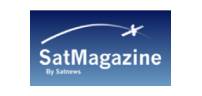 SatMagazine logo with airplane graphic on blue background.