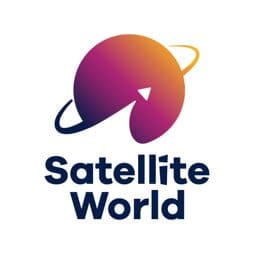 Logo of Satellite World with a stylized satellite icon and text.