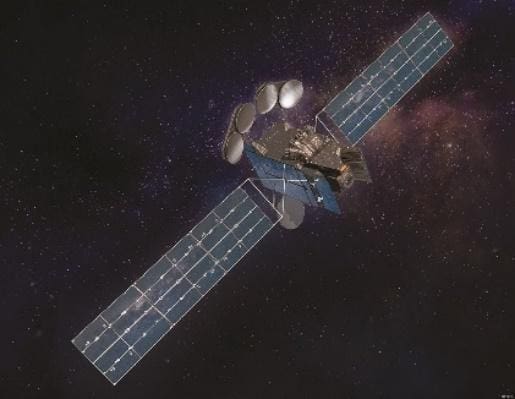 A satellite orbiting in space with solar panels extended.