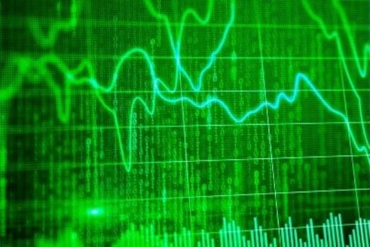 Green stock market graph with fluctuating lines and data points.