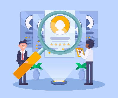Recruiters reviewing candidate profiles with magnifying glass