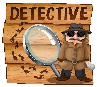 Cartoon detective with magnifying glass and footprints
