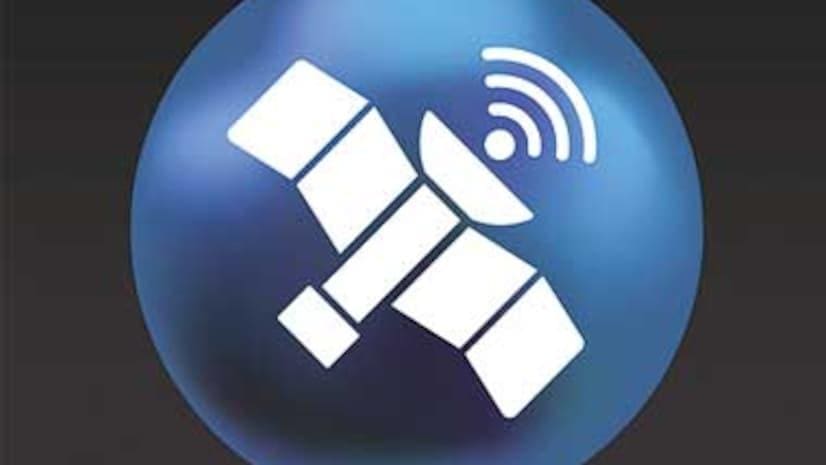 Icon of a satellite with signal waves.