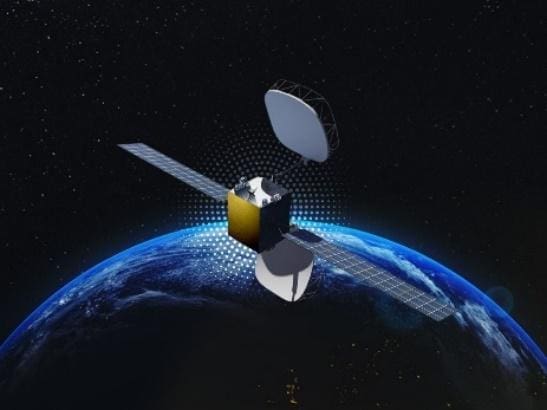 Satellite orbiting Earth in space, with antennas.