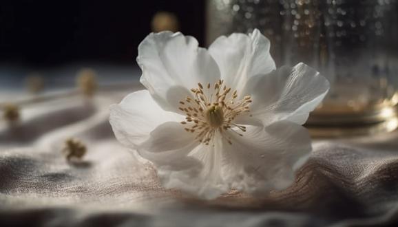 White flower on silky fabric surface.