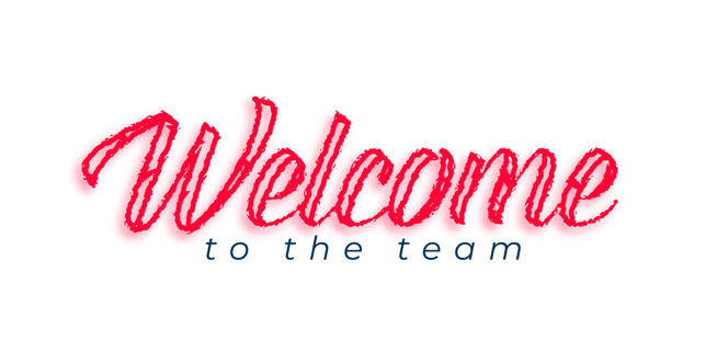 Welcome to the team text in red.