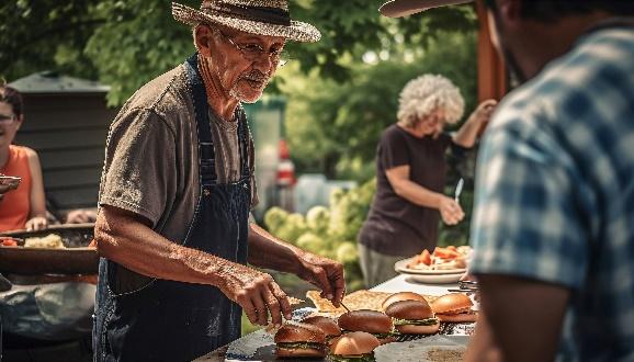 Man serving burgers at outdoor gathering.