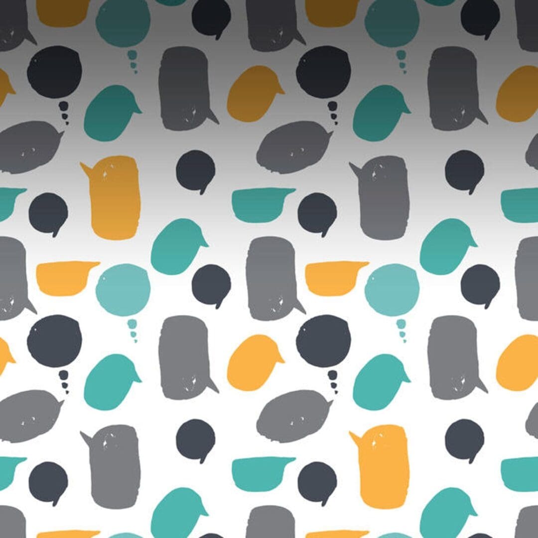 Abstract pattern with teal, mustard, gray, and black organic shapes on white.