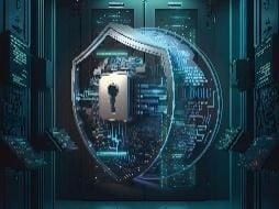 Digital shield protecting a keyhole symbolizing cybersecurity.