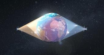 A glowing Earth inside a transparent, eye-shaped frame in space.