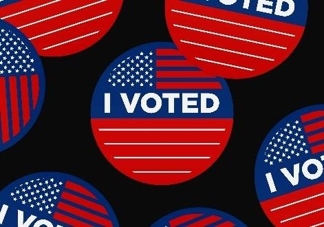Pattern of red blue 'I Voted' American stickers