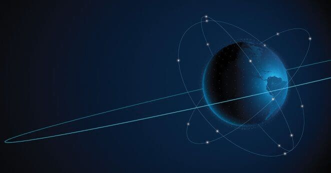 Digital illustration of a planet with orbiting satellites on a dark blue background.