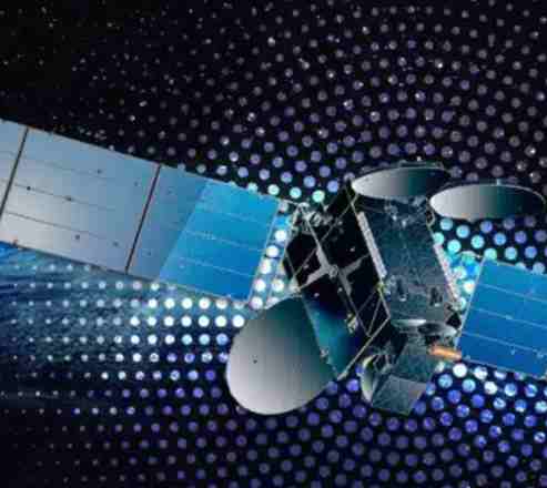 A satellite orbiting Earth with a dotted space background.