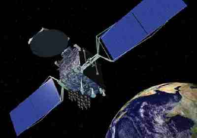 Satellite orbiting Earth with large solar panels in space.
