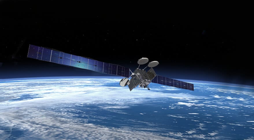 Satellite orbiting Earth against the backdrop of space.