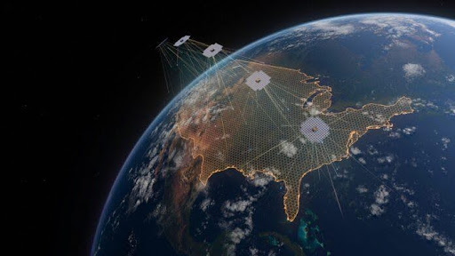 Satellite mapping the United States with data connections.