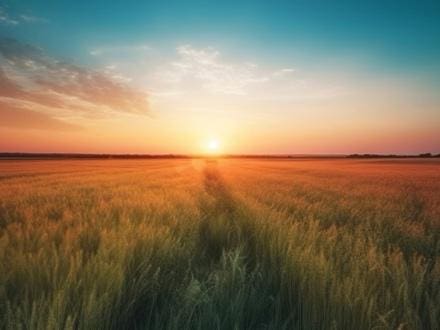 Sunset over a vast field of tall grass.