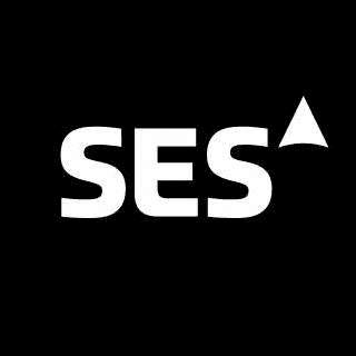 White SES letters and upward triangle on black