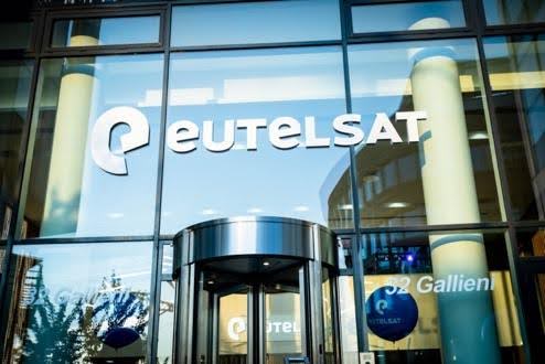 Eutelsat headquarters glass entrance with logo