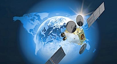 Communications satellite illustration with multiple dishes