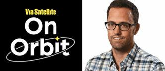Podcast host portrait with On Orbit logo