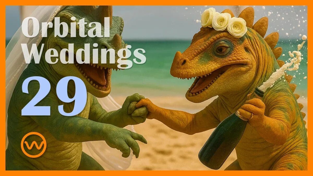 Dinosaurs celebrating beach wedding with champagne.