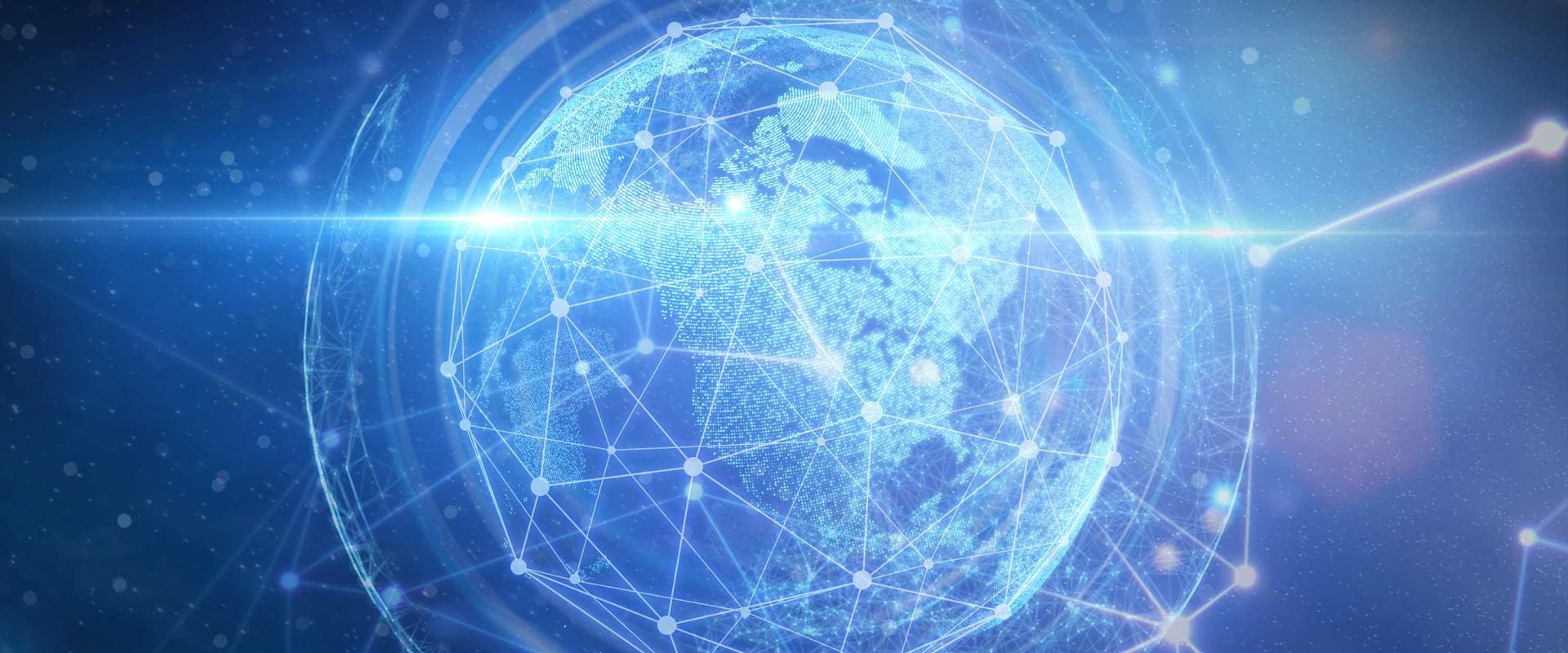 Blue holographic globe connected by bright lines