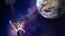 Spacecraft approaching Earth with cosmic background.
