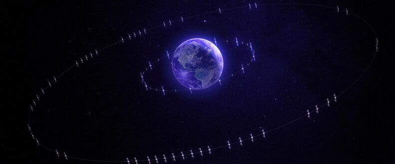 Earth surrounded by orbiting satellites in space.