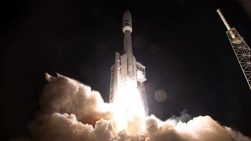 Bright plume from nighttime rocket ascent