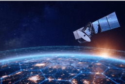 Satellite orbiting Earth with glowing network.