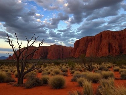 Desert landscape with red rocks and clouds.