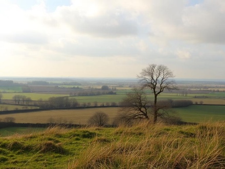 Countryside landscape with lone tree and fields.