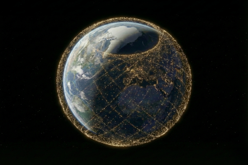 Earth with glowing network of satellites.