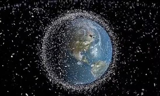 Earth surrounded by space debris illustration.