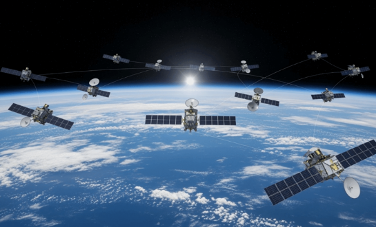 Satellites orbiting Earth in formation, space view.