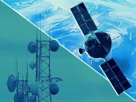 Satellite and communication tower against Earth backdrop.