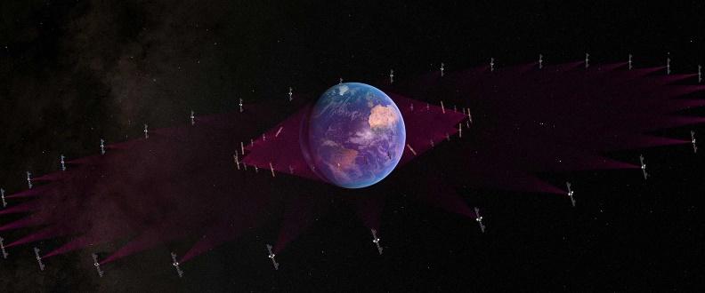 Earth with surrounding satellite formations in space.