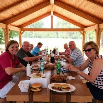 People enjoying a picnic under a pavilion.