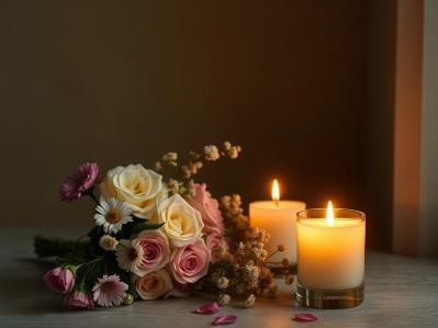 Bouquet with two softly lit candles