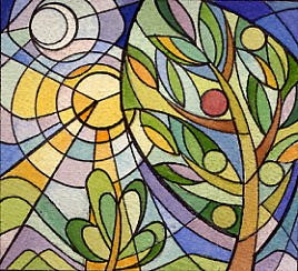 Stained glass depicting sun, moon, and trees.