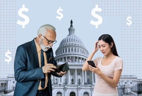 Man and woman with phones, Capitol background.