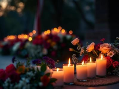 Lit candles and flowers at a vigil